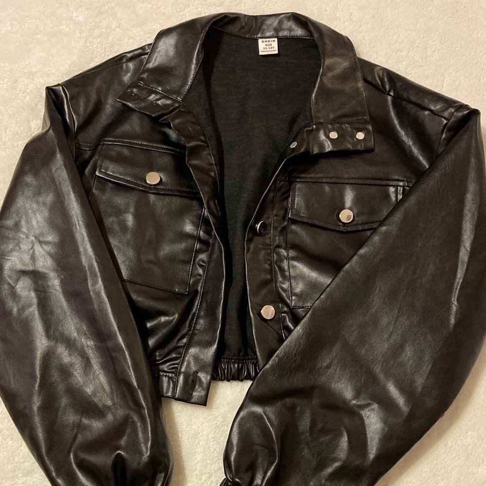 SHEIN Black Faux Leather Bomber Jacket